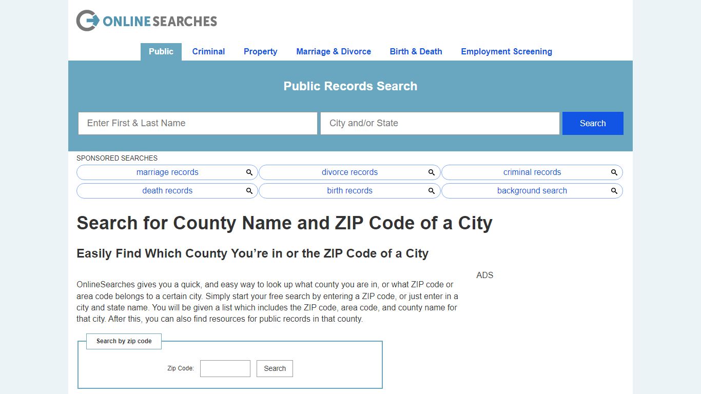 Search for County Name and ZIP Code of a City - OnlineSearches.com